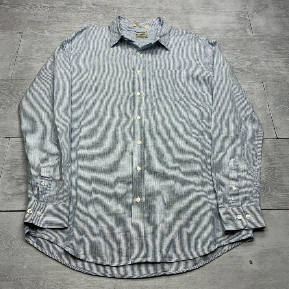 L.L. Bean Button Up Shirt Mens XL Blue White Stripe Slightly Fitted Linen Blend